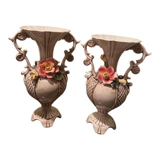 Vintage Capodimonte Vases with Flowers - a Pair For Sale