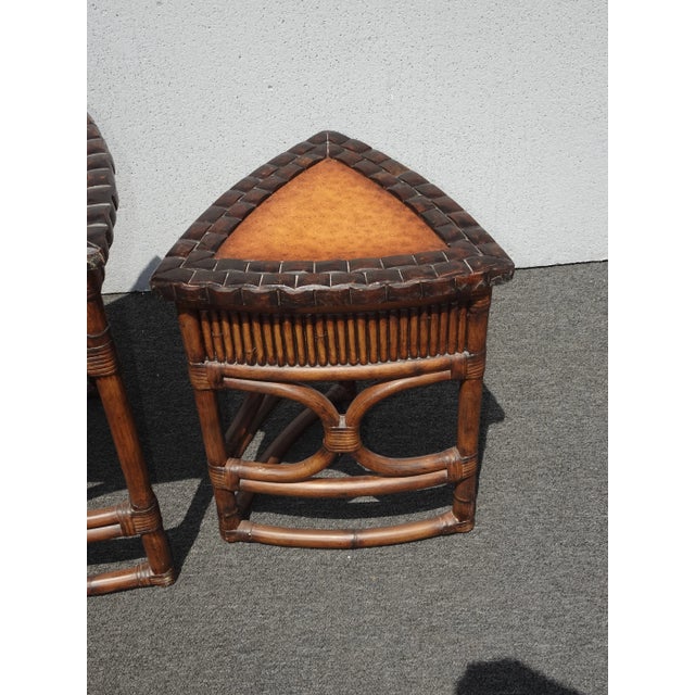 Set of Three Vintage Bamboo Coastal Rattan Leather Ostrich Nesting Tables Lh2 For Sale In Los Angeles - Image 6 of 12