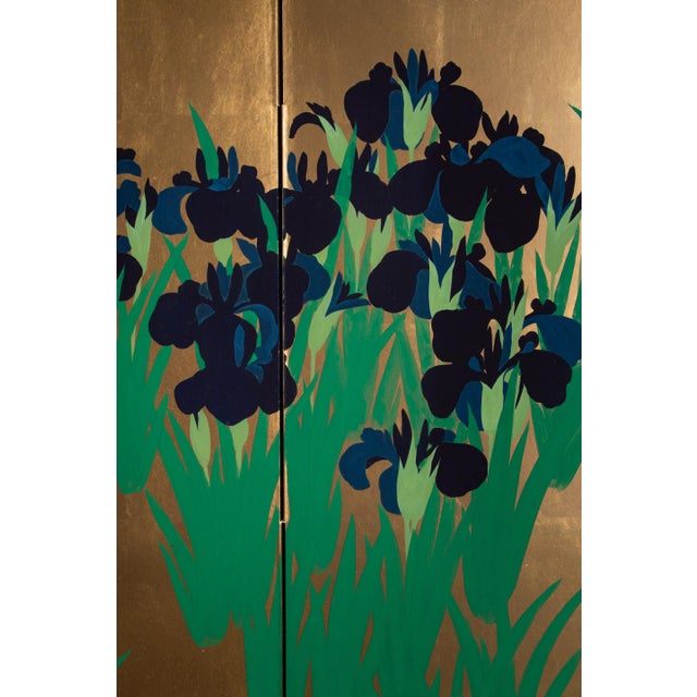 1980s Japanese Gold Leaf Iris Four-Panel Folding Screen After Ogata Kōrin For Sale - Image 5 of 11