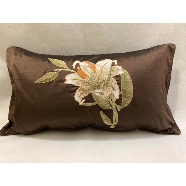 Textile Floral Embroidered Decorative Accent Satin Lumbar Pillow Cover For Sale - Image 7 of 7