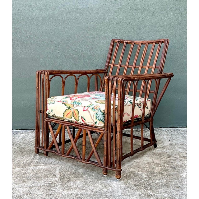 Coffee Vintage Stick Rattan Lounge Chair in Vintage Schumacher Paisley For Sale - Image 8 of 12