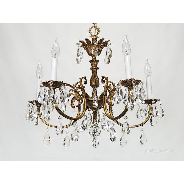 Shabby Chic Antique 5 Arm Absolutely Fabulous Brass Cut Lead Glass Crystal Chandelier For Sale - Image 3 of 8