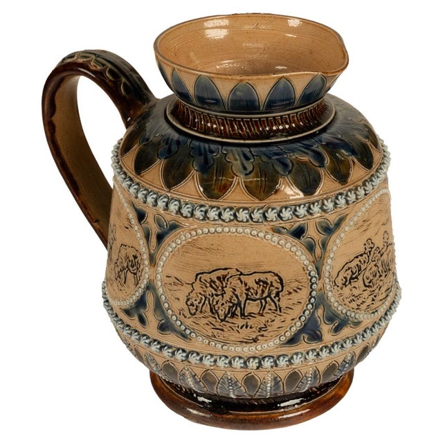 Antique Aesthetic Movement Doulton Lambeth Hannah Barlow Stoneware Jug Sheep, 1873 For Sale - Image 9 of 17