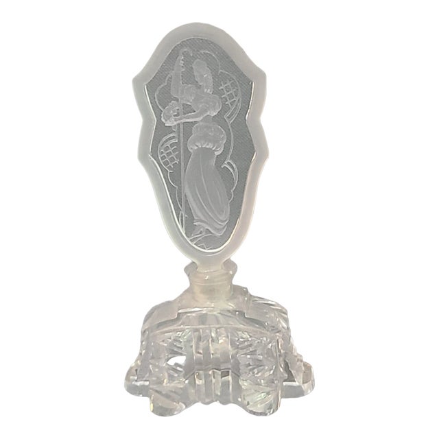Vintage Art Nouveau Czechoslovakian Crystal Perfume Bottle Figural Etched Top For Sale