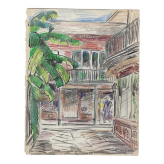 1940s Grace Spongberg Open Shutters French Quarter New Orleans Drawing For Sale