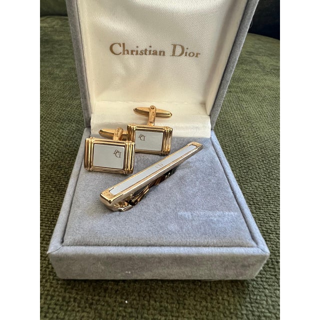 Gold Rare Vintage Christian Dior Gold Plate Cufflinks & Tie Clip Original Case For Sale - Image 8 of 12