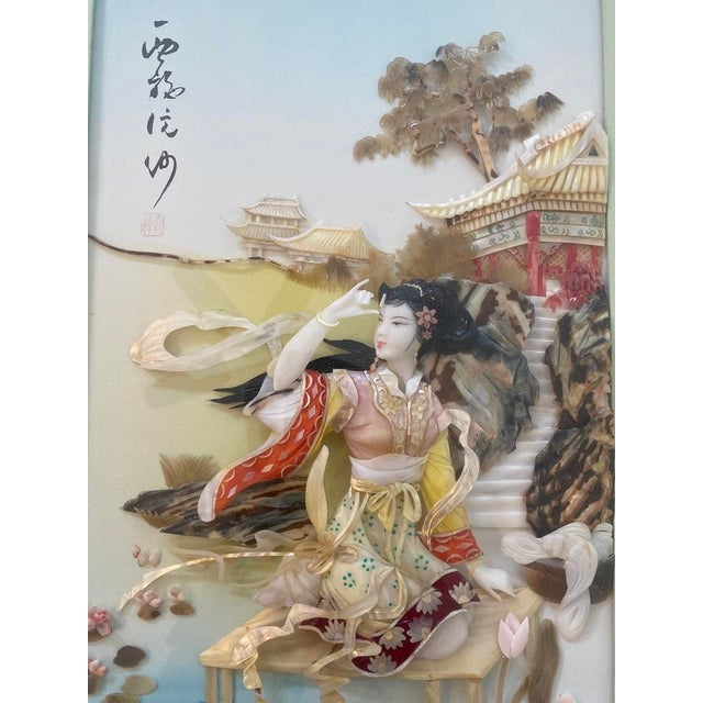 This striking vintage Chinese shadow box artwork features an intricately crafted scene of a court lady in a lotus garden,...