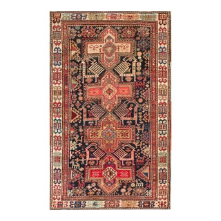 1900s Navy Blue Geometric Traditional Antique Caucasian Rug 3' 6'' X 5' 10'' Knotted Wool Carpet For Sale