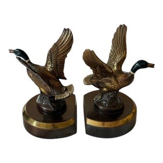 ​Mid 20th Century Solid Brass Mallard Ducks in Flight Bookends Attributed to Pm Craftsman - A Pair For Sale
