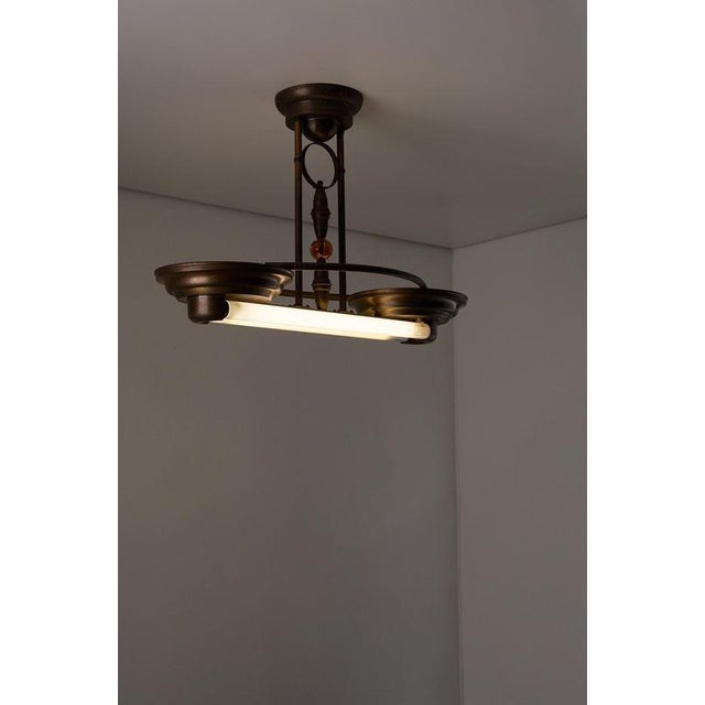 1930s Art Deco Double Fluorescent Ceiling Fixture in Patinated Bronze, 1930 For Sale - Image 5 of 12