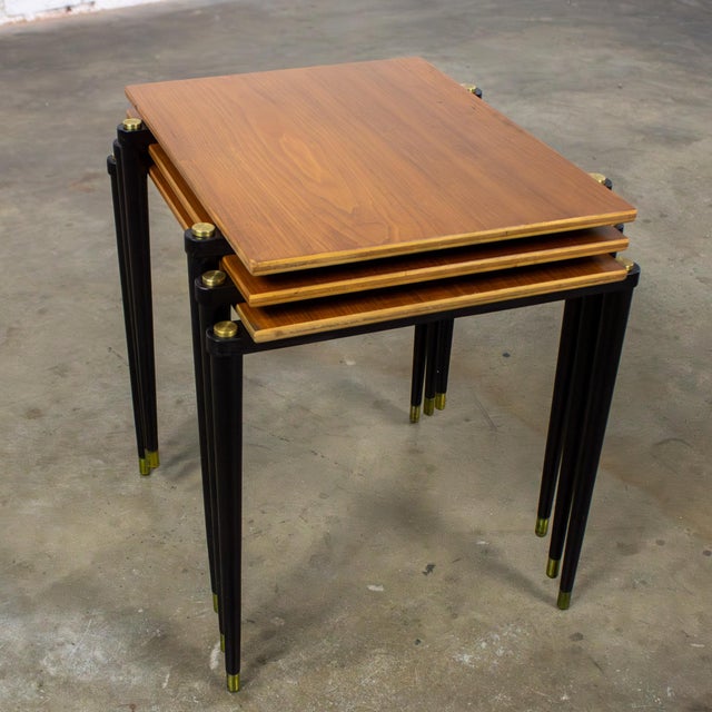 Mid-Century Modern Mid-20th Century MCM Stacking Tables Walnut Veneer Tops Brass and Ebonized Legs Set of 3 For Sale - Image 3 of 18