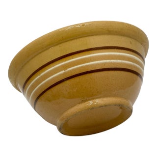Nice Smaller 8 Inch Size Antique Thick - Heavy Brown & White Banded Yellow Ware Kitchen Batter Mixing Bowl - Late 1800s For Sale