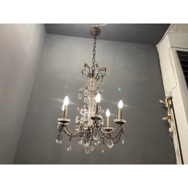 Italian antique crystal beaded chandelier 1940’s Silver plated frame Murano glass flowers and central piece Crystal beads...