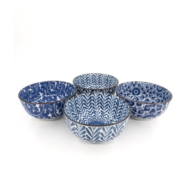 Hand-Painted Japanese Blue & White Porcelain Bowls Mixed Patterns - Set of 4 For Sale - Image 10 of 16