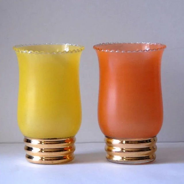 Glass vases in two colors. Painted and gilded glass. Original vintage items. Made in Boom, Belgium, in the 1930s. Vase...