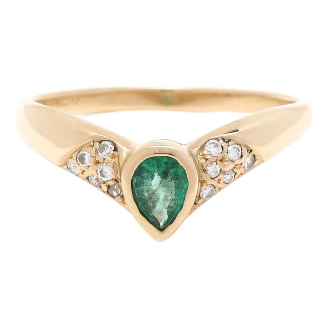 Dainty Emerald & Diamond Ring, 14k Yellow Gold, Ring Size 7.25, Engagement For Sale