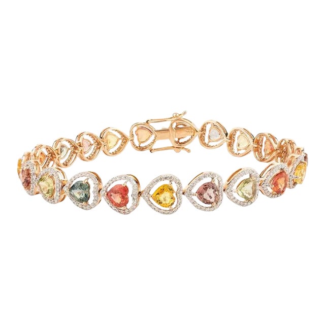 18k Rose Gold Heart Cut Multi Sapphire Halo Diamond Bracelet For Sale