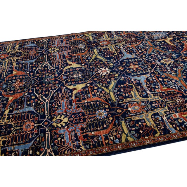 Modern Bidjar Style Handmade Dark Blue Wool Rug With Allover Motif