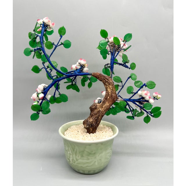 Vintage Chinese Glass Cherry Blossom Bonsai Tree in Celadon Pot For Sale - Image 9 of 10