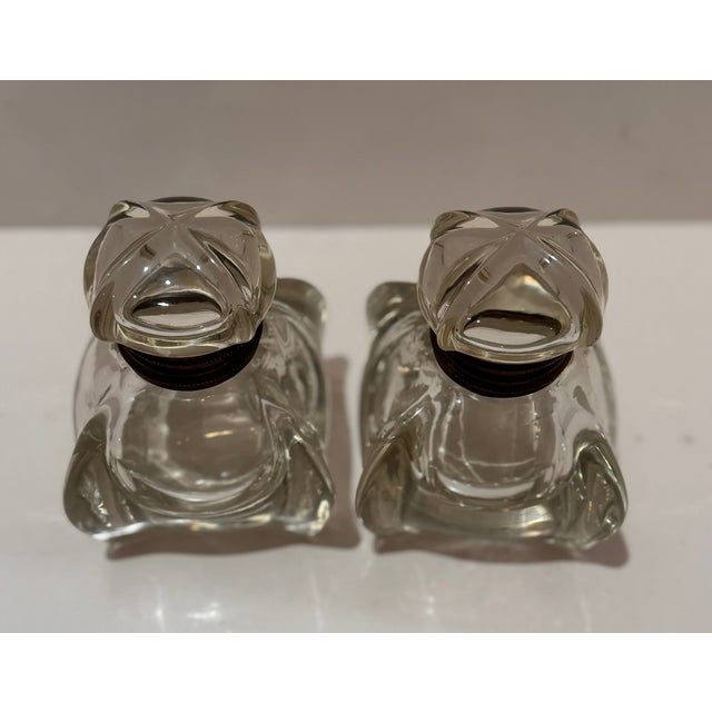Victorian Pair of Vintage Clear Glass Ink Bottles Art Deco Style Brass Collars 1930s Desk For Sale - Image 3 of 8