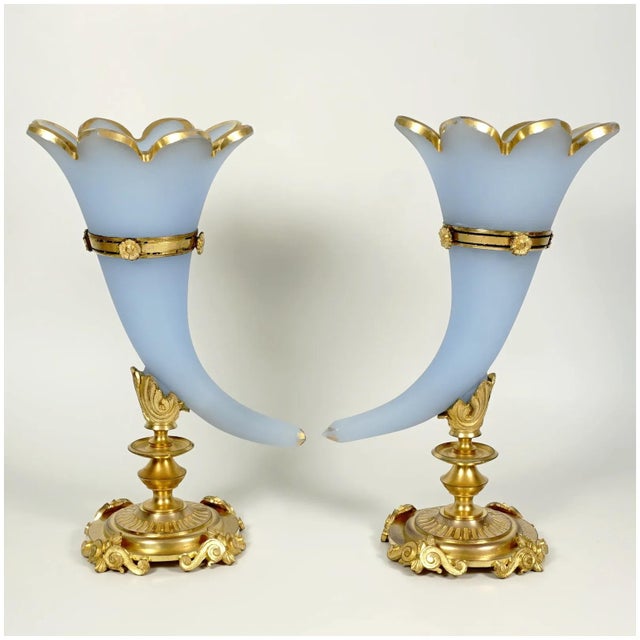 19th Century Pair of Antique French Opaline Glass Cornucopia Horn Vases Dore Bronze Mounts For Sale - Image 5 of 8