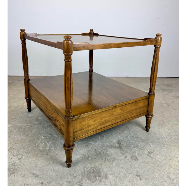 Wood Vintage Baker Furniture French Regency Louis XVI Style Burled Walnut Two-Tier Side Table For Sale - Image 7 of 12