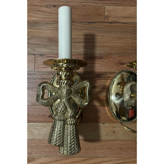 Vintage Lou Campbell Hollywood Regency Brass Bow & Tassel Wall Sconces | French Neoclassical Lighting, a Pair For Sale In Louisville - Image 6 of 12