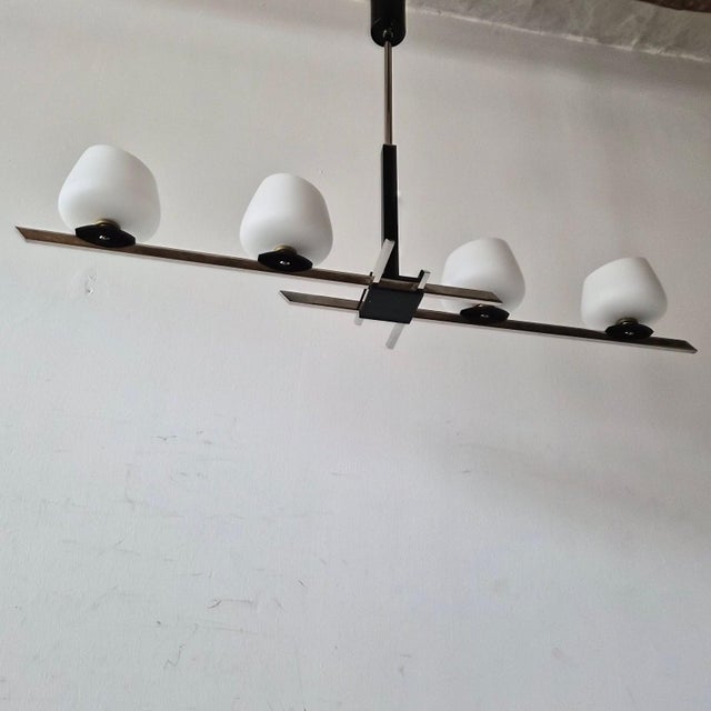 Mid-Century Modern Vintage Pendant Light in Chrome-Plated Steel and Opal Glass from Maison Arlus, 1950s For Sale - Image 3 of 11