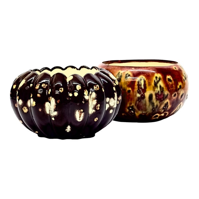 Rich Earth Tones Ceramic Splatterware Planter Curation - Group of 2 For Sale