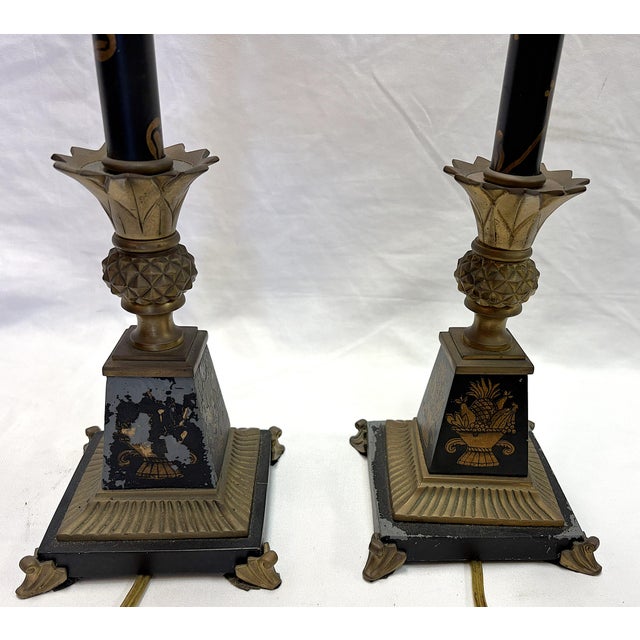 Vintage French Tole and Brass Candlestick Lamps With Pineapple Motif- A Pair For Sale - Image 9 of 18