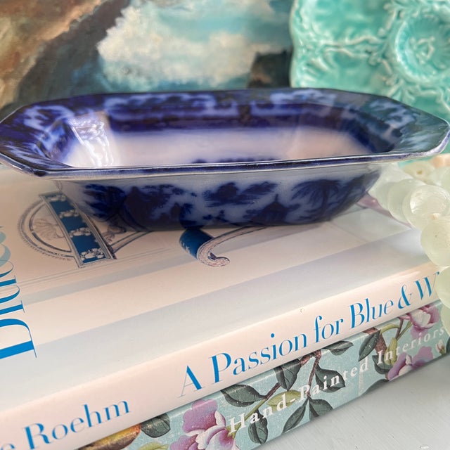 Ceramic Antique Flow Blue Octagonal Rimmed Bowl For Sale - Image 7 of 16