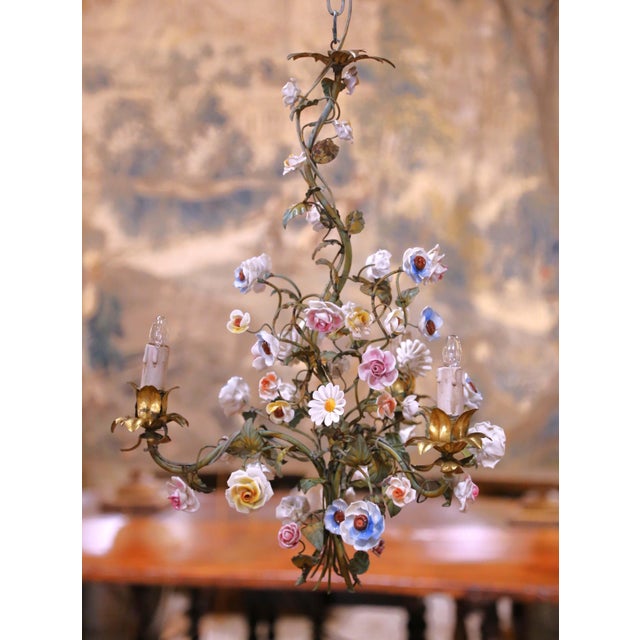Early 20th Century French Floral Porcelain and Iron Three-Light Chandelier For Sale - Image 9 of 11
