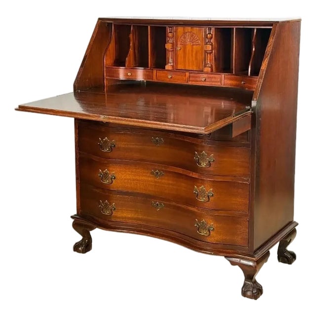 Antique Chippendale Mahogany Oxbow Drop Front Secretary Desk For Sale