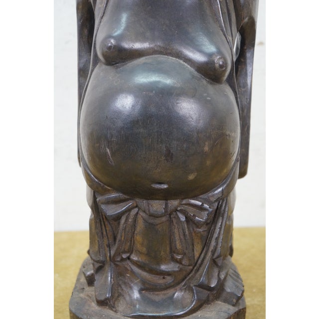 Vintage Japanese Hotei Laughing Buddha Carved Wood Statue Sculpture 18" For Sale - Image 9 of 12