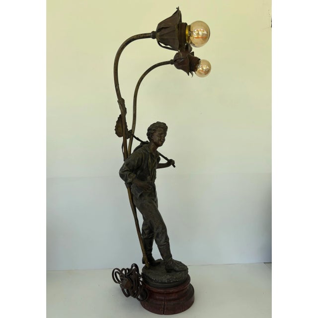Bronze Antique French Bronze/Brass/Wood 2-Lights Fixture by Ernest Rancoulet Table Lamp For Sale - Image 8 of 12