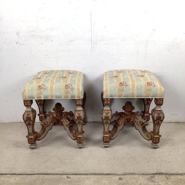 French Pair of Vintage Louis XVI–Style Upholstered Footstools With Gilt Carved Bases For Sale - Image 3 of 12