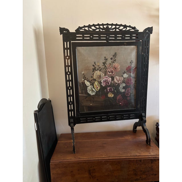 Beautiful Vintage Victorian Fireplace Ebony Screen featuring a Hand painted Floral Arrangement on Canvas.