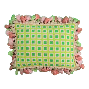 Brigid Berlin (1939-2020) Hand-Needlepoint Pink, Green & Yellow Plaid Pillow