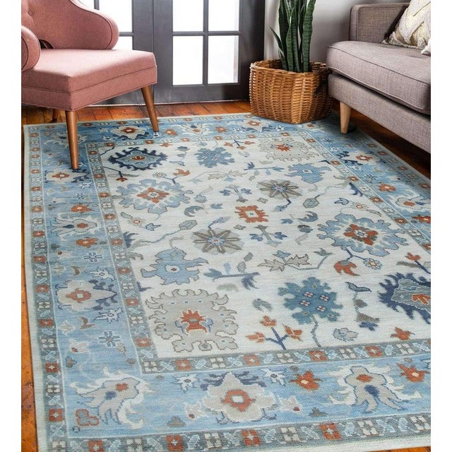 8x10 Ivory Hand-Knotted Wool Sky Blue Border Classic Traditional Carpet Rug For Sale In New York - Image 6 of 7