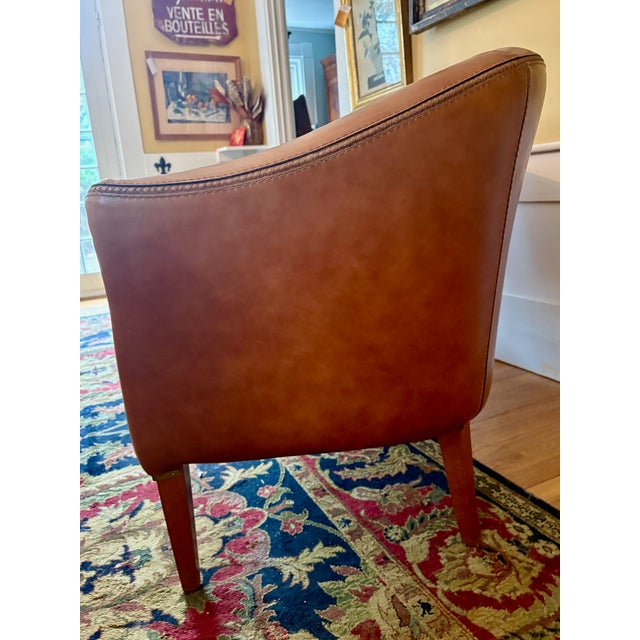1930s Mid-Century Cognac Leather Loveseat + Pair of Barrel Chairs For Sale - Image 4 of 8