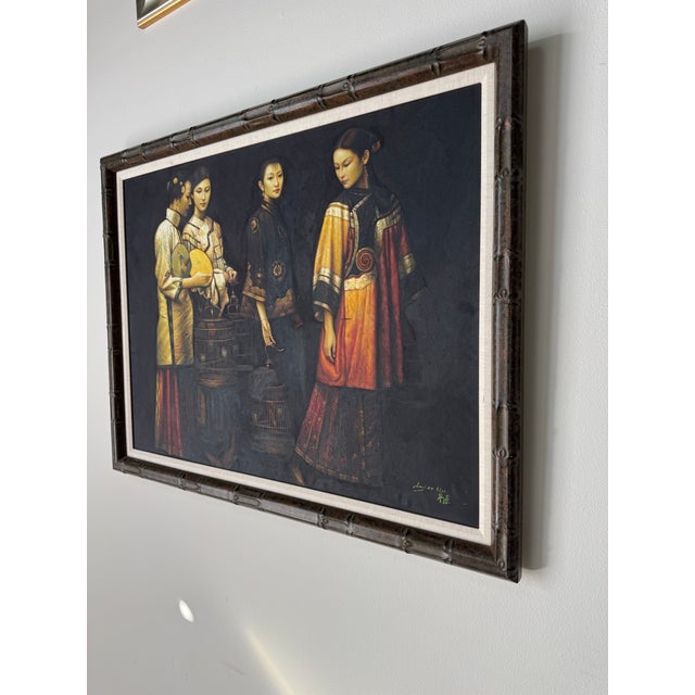 1970s Vintage Chinese “Beauty Figures” Oil on Canvas Painting — After Chen Yifei For Sale - Image 4 of 12