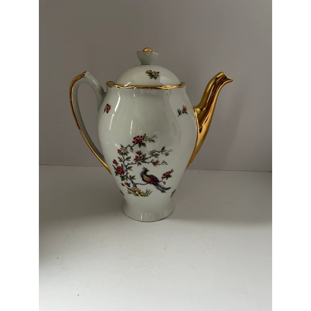 French Vintage Limoges Gold Handled Porcelain Teapot With Lid Adorned With Flower Vines and Beautiful Peacock For Sale - Image 3 of 9