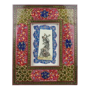 Mid 20th Century Persian Layla and Majnun Painting With Handmade Inlaid Marquetry Khatam Frame