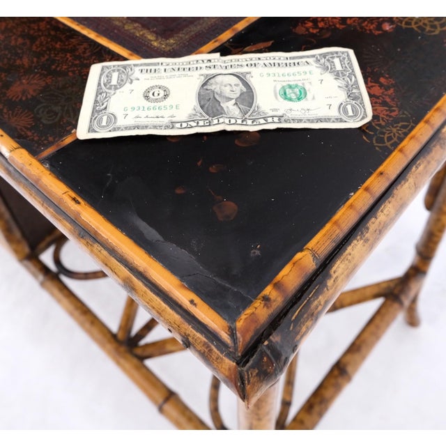 Early 20th Century Antique Asian Oriental japaneese Burned Bamboo Hand Painted Decorated Desk Table For Sale - Image 5 of 18
