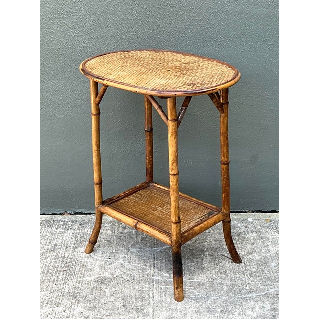 Tan Vintage Woven Rattan Oval Side Table For Sale - Image 8 of 12