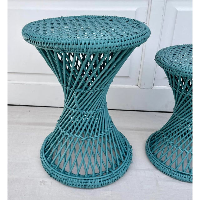 1970s Set of 3 Wicker Rattan Cane Woven Teal Blue Pedestal Stools For Sale - Image 4 of 10