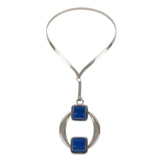 Mid Century Space Age Collar Pendant Necklace Silvered Metal and Blue Resin For Sale