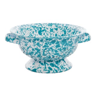 Crow Canyon Home Splatterware, Small Berry Colander in Turquoise & White For Sale