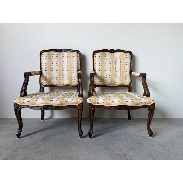 Brown Vintage Louis XV Style French Provincial Walnut Upholstered Armchairs - A Pair For Sale - Image 8 of 17