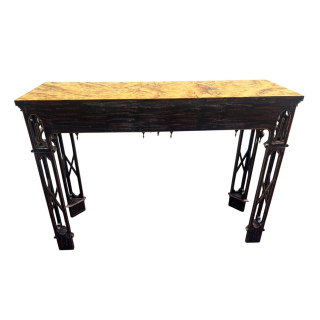 1990s Chinese Chippendale Chinoserie Faux Marble Top Console / Sofa Tables a Pair For Sale - Image 14 of 18